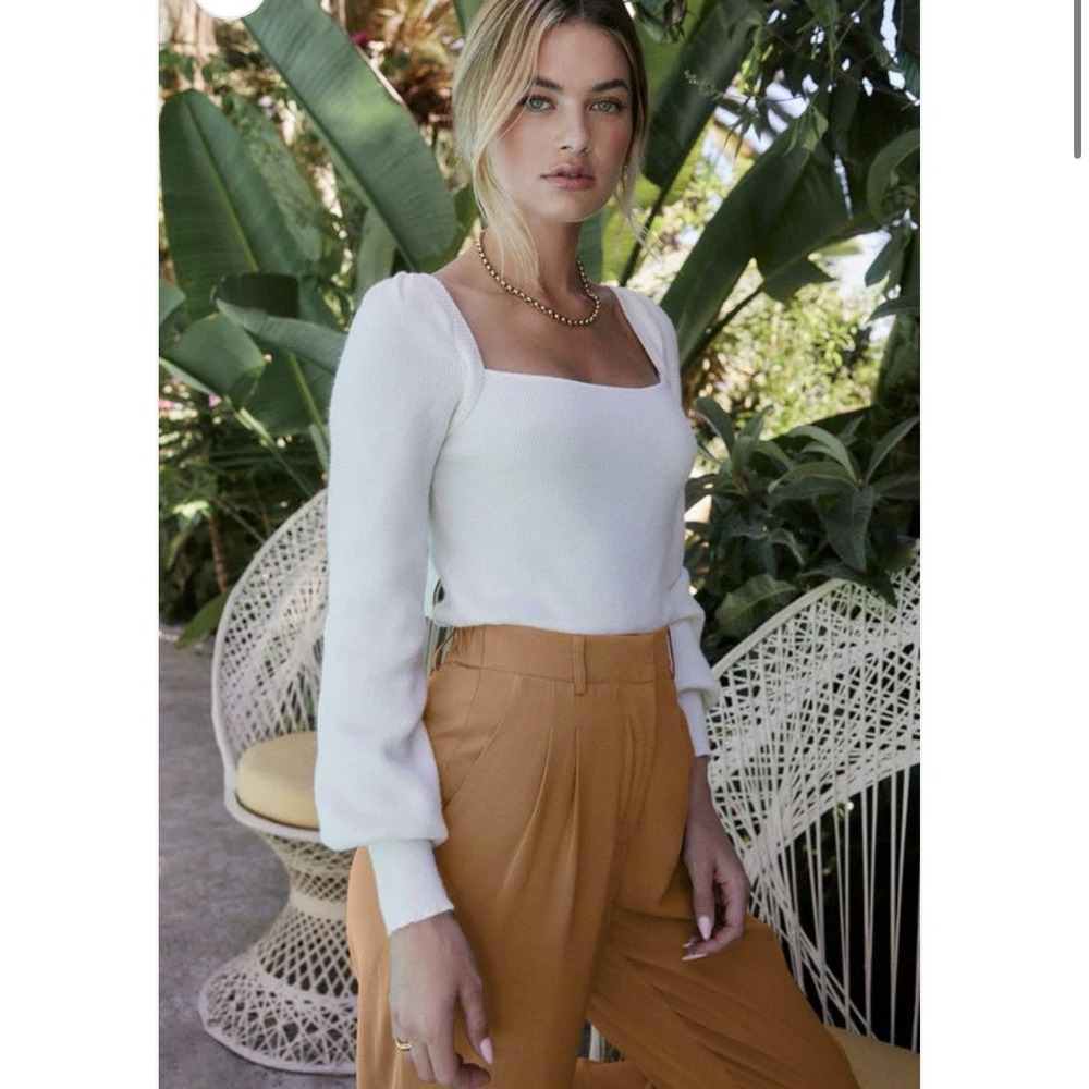 ENTRO‎ Anthropologie Cotton Ribbed Puff Sleeve Top Sz Small Square Neck Coquette
